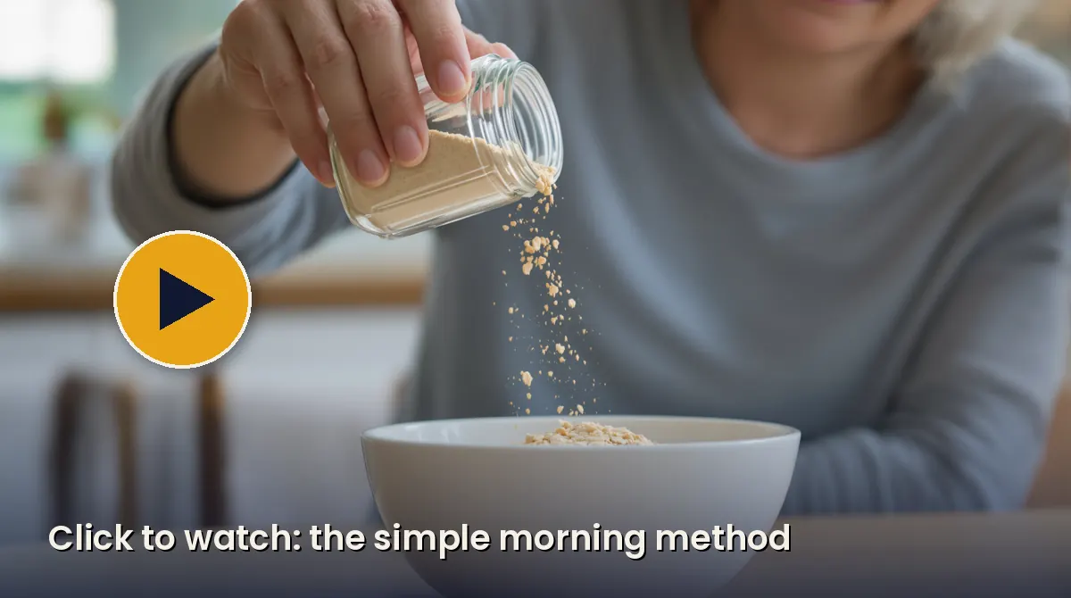 A hand sprinkling a pale powder into a breakfast bowl.